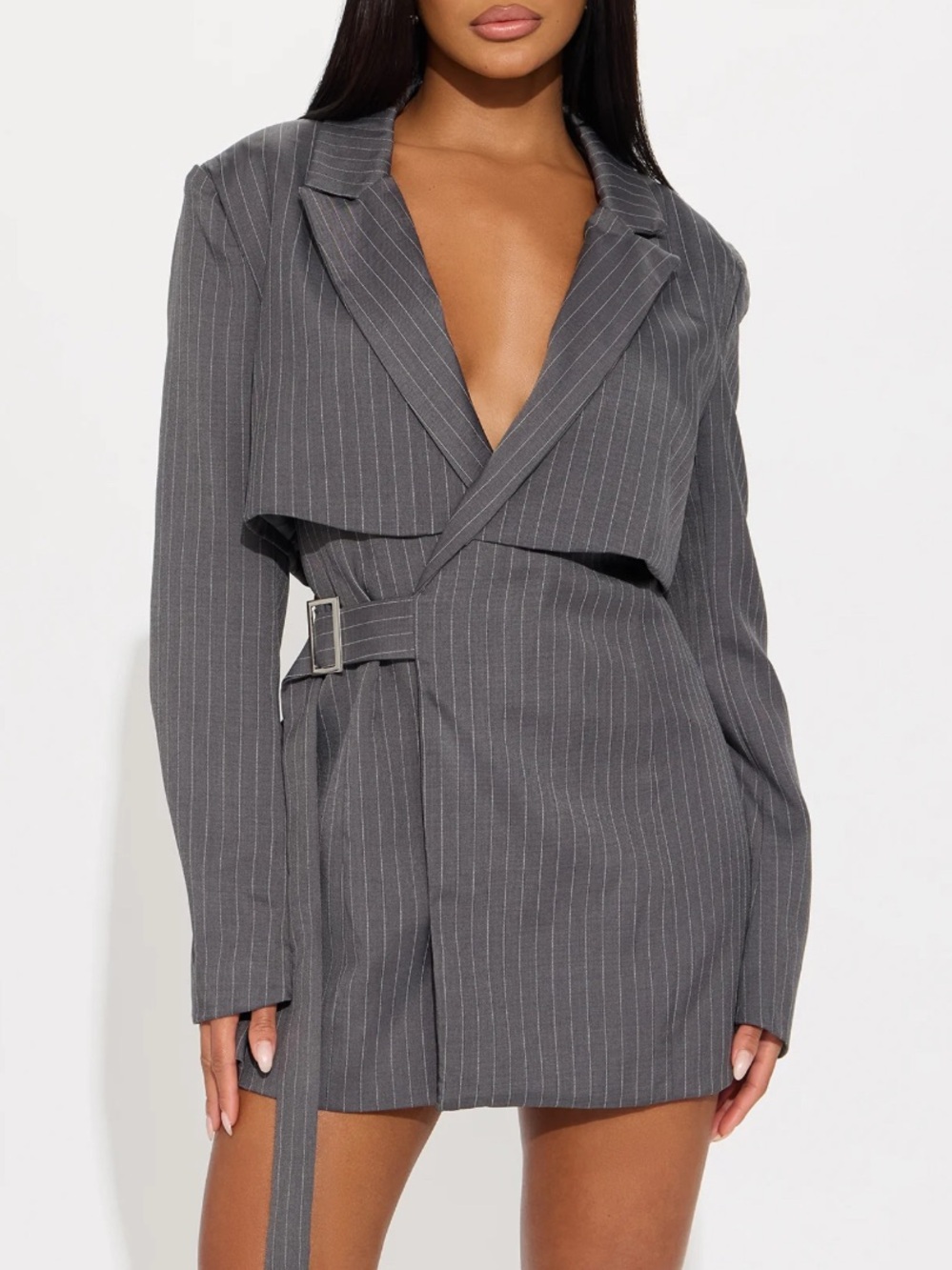 Fashion Nova Boss babe Gray Pinstripe Belted Blazer mini Dress Women’s small NWT